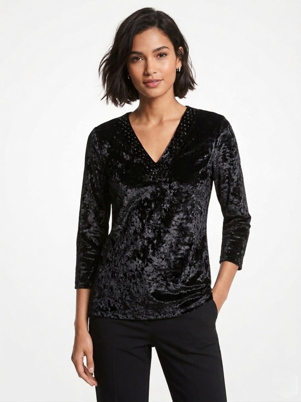 NWT Michael Kors Black Crushed Velvet Top Small Embellished 3/4 Sleeve Sz Small